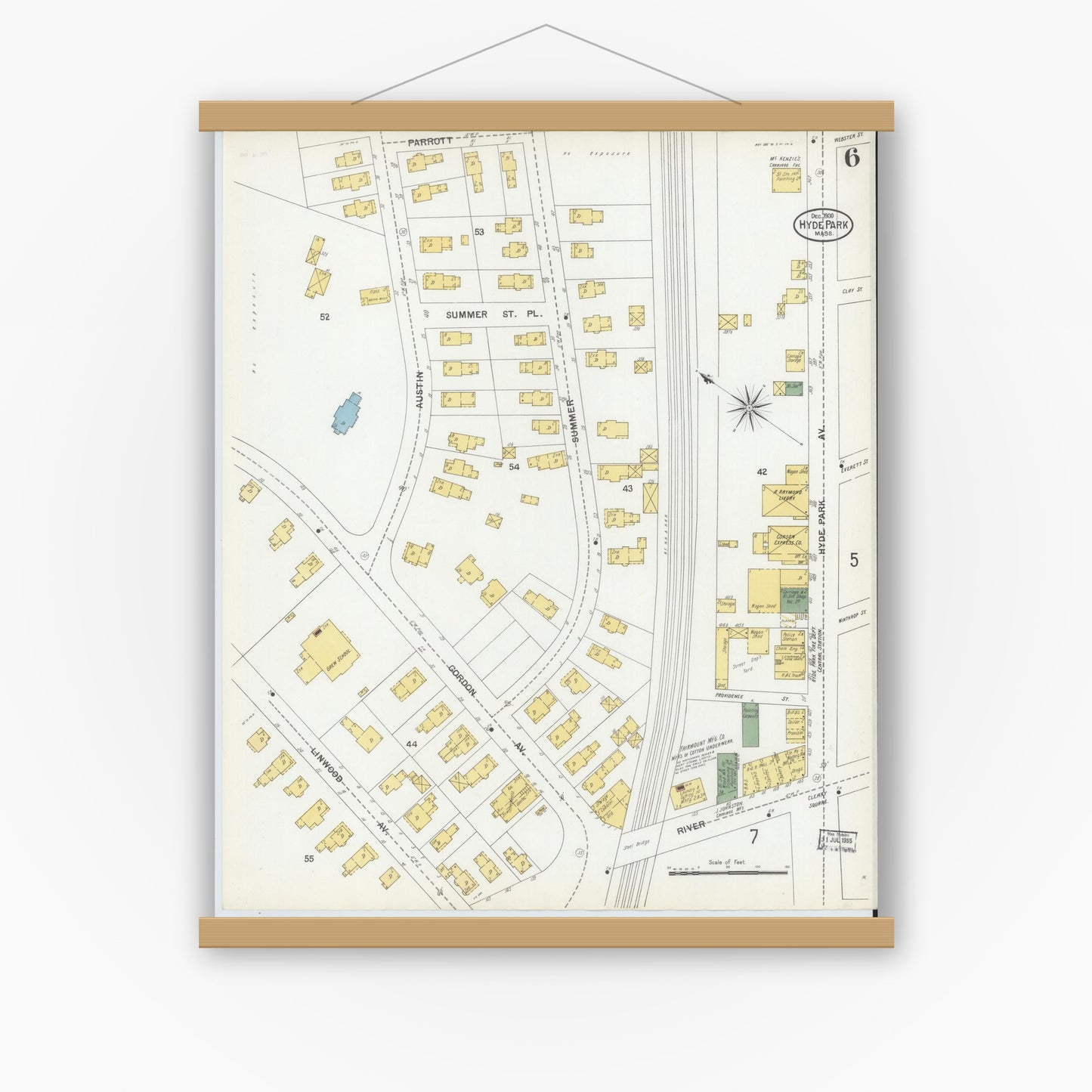 Old map wall art mockup — magnetic wood frame on white wall — Sanborn Fire Insurance Map from Hyde Park, Norfolk County, Massachusetts (1900), Sheet #0006