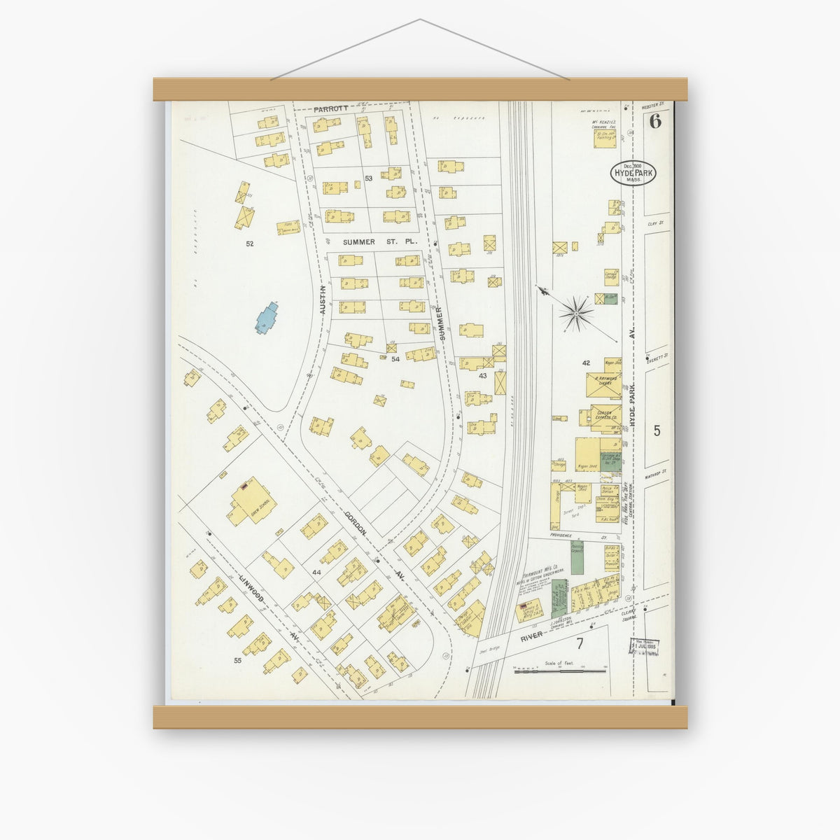 Old map wall art mockup — magnetic wood frame on white wall — Sanborn Fire Insurance Map from Hyde Park, Norfolk County, Massachusetts (1900), Sheet #0006