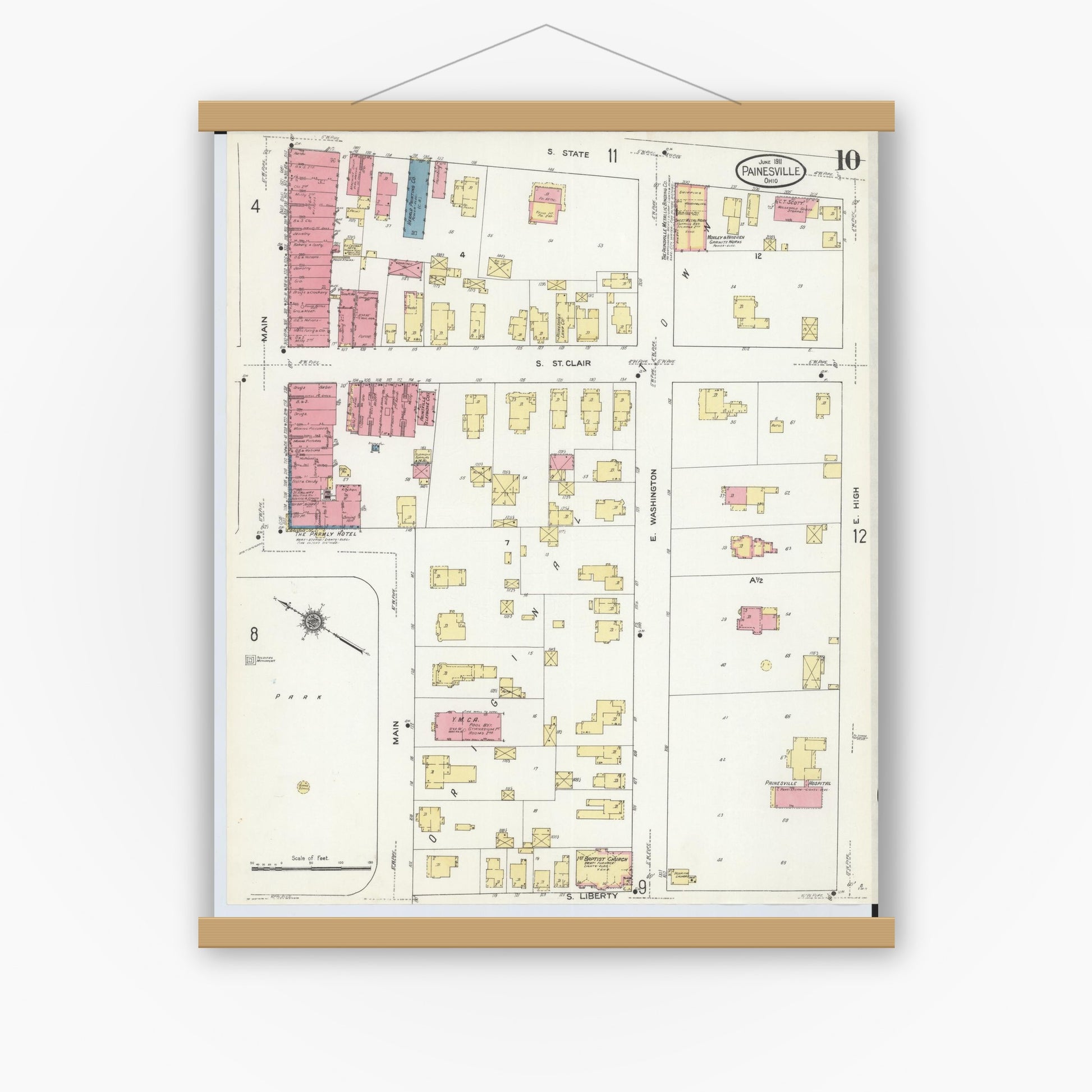 Old map wall art mockup — magnetic wood frame on white wall — Sanborn Fire Insurance Map from Painesville, Lake County, Ohio (1911), Sheet #0010