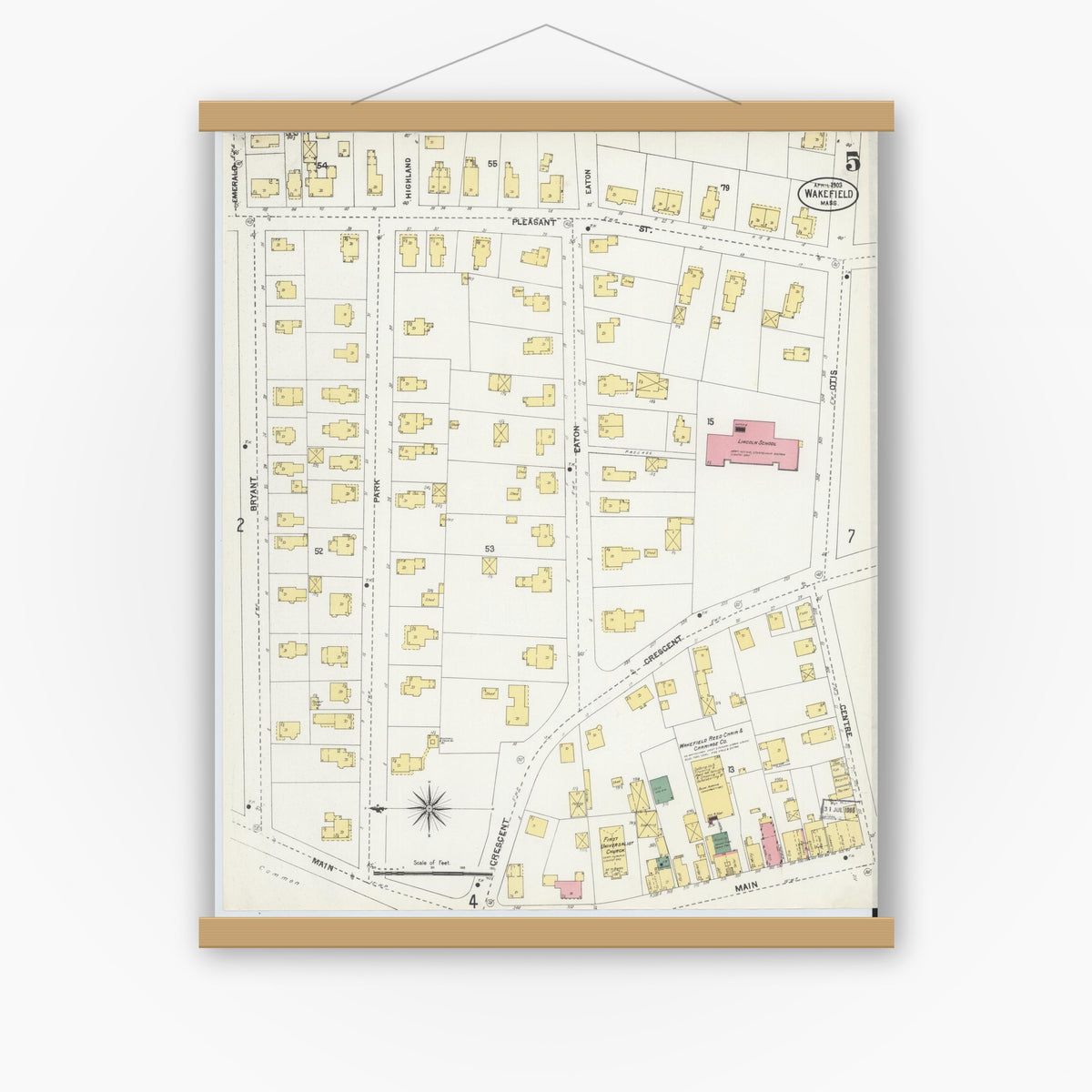 Old map wall art mockup — magnetic wood frame on white wall — Sanborn Fire Insurance Map from Wakefield, Middlesex County, Massachusetts (1903), Sheet #0005