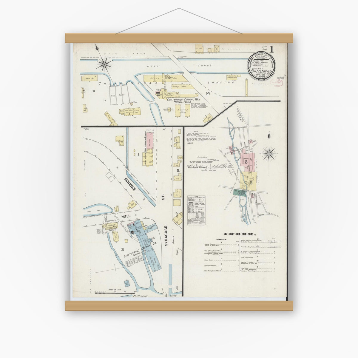Old map wall art mockup — magnetic wood frame on white wall — Sanborn Fire Insurance Map from Chittenango, Madison County, New York (1890), Sheet #0001