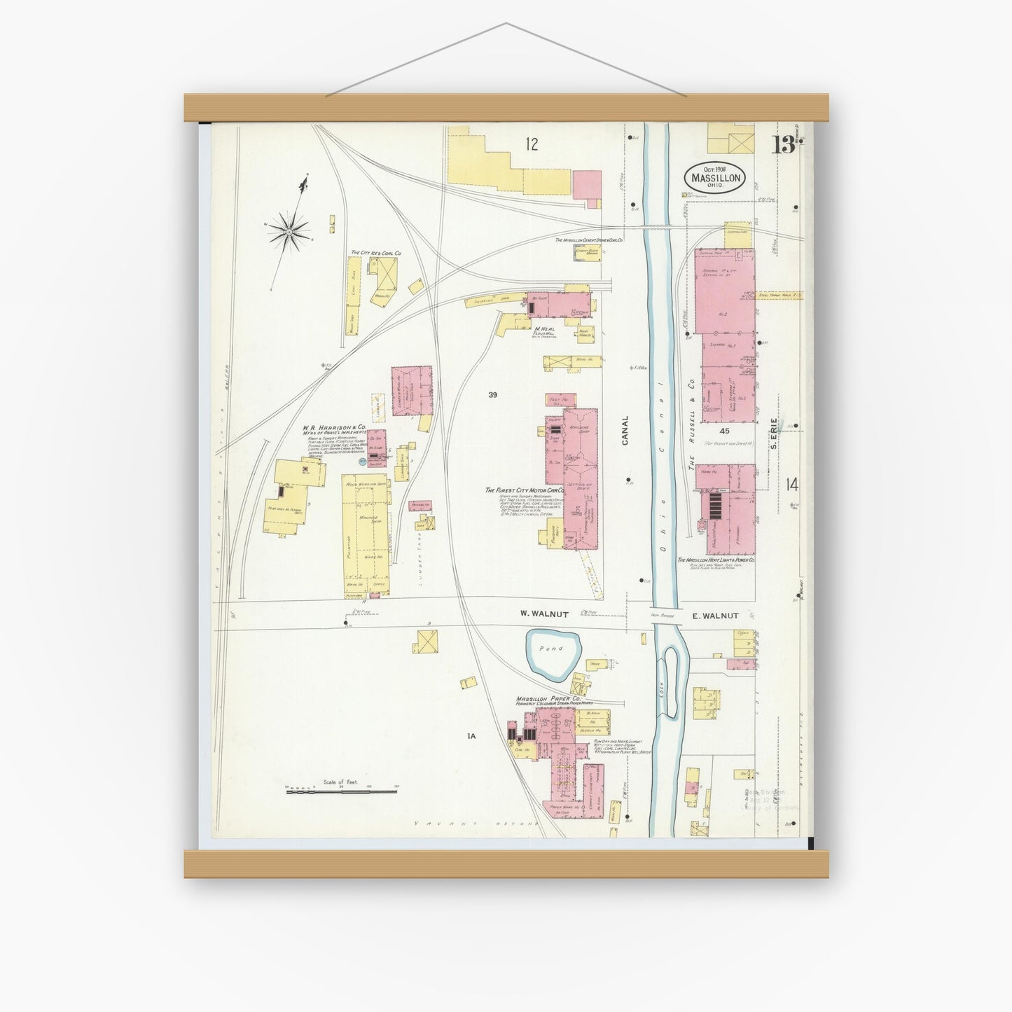 Old map wall art mockup — magnetic wood frame on white wall — Sanborn Fire Insurance Map from Massillon, Stark County, Ohio (1908), Sheet #0013