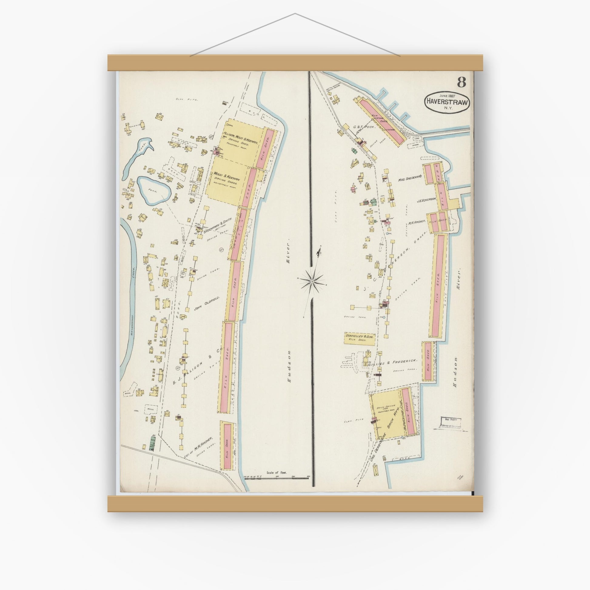 Old map wall art mockup — magnetic wood frame on white wall — Sanborn Fire Insurance Map from Haverstraw, Rockland County, New York (1887), Sheet #0008