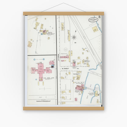 Old map wall art mockup — magnetic wood frame on white wall — Sanborn Fire Insurance Map from Ypsilanti, Washtenaw County, Michigan (1888), Sheet #0005