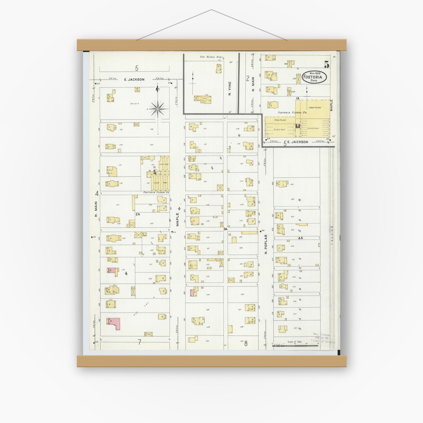 Old map wall art mockup — magnetic wood frame on white wall — Sanborn Fire Insurance Map from Fostoria, Seneca, Hancock, And Wood Counties, Ohio (1908), Sheet #0005