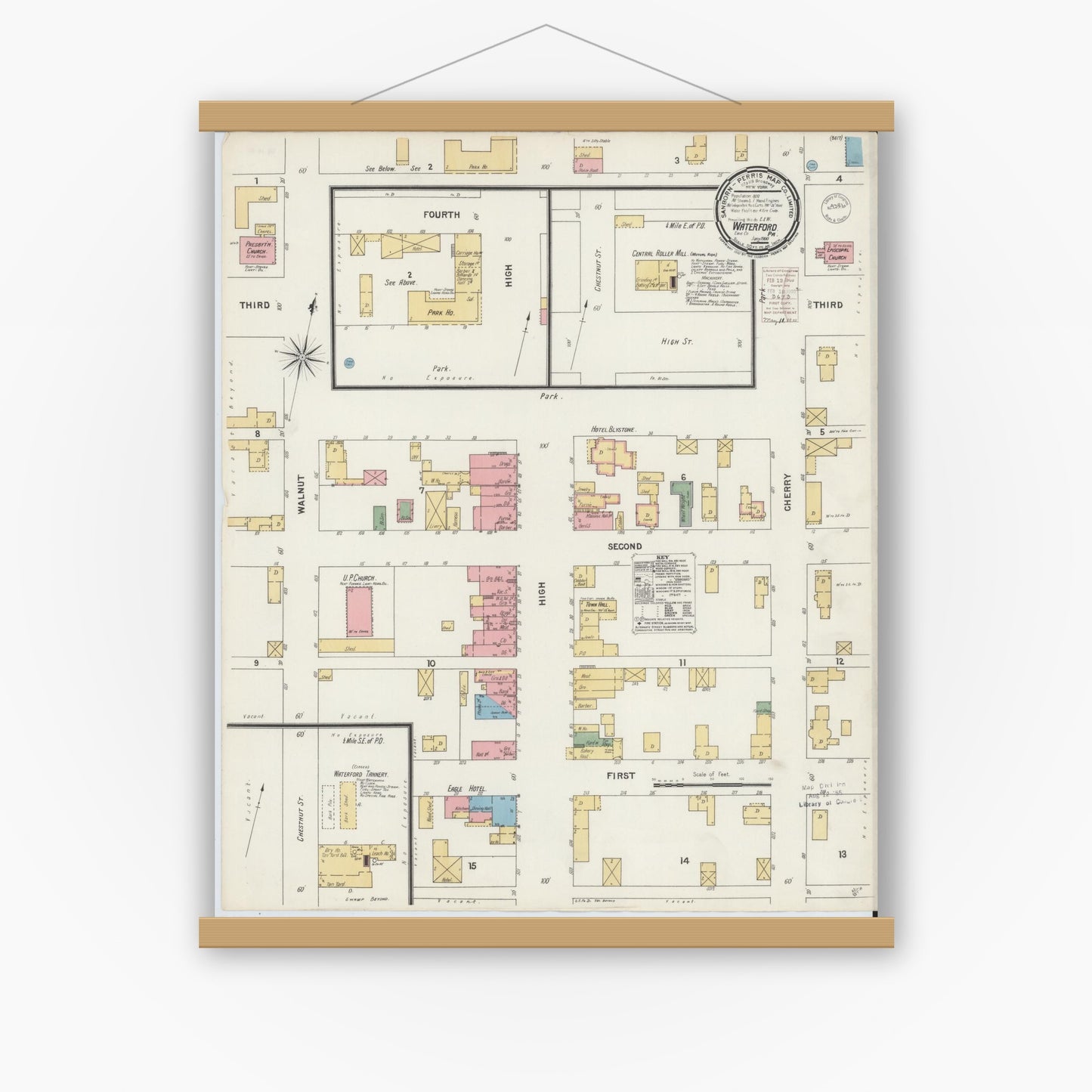Old map wall art mockup — magnetic wood frame on white wall — Sanborn Fire Insurance Map from Waterford, Erie County, Pennsylvania (1900), Sheet #0001