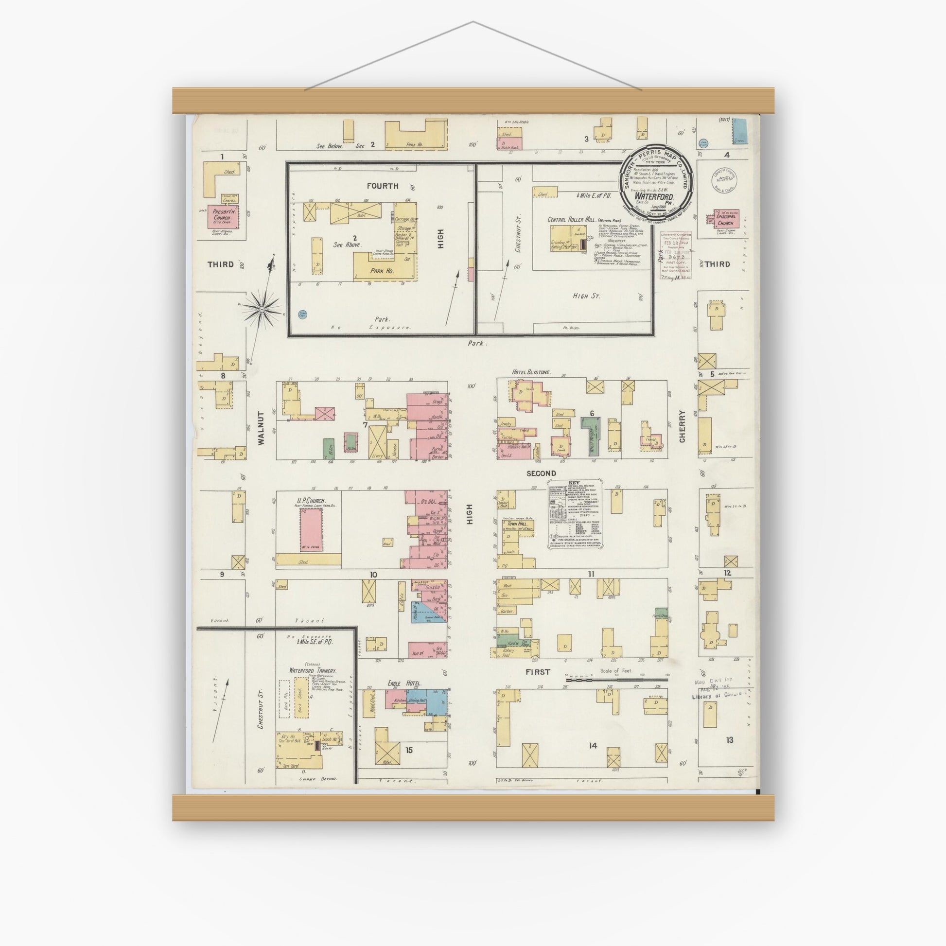 Old map wall art mockup — magnetic wood frame on white wall — Sanborn Fire Insurance Map from Waterford, Erie County, Pennsylvania (1900), Sheet #0001