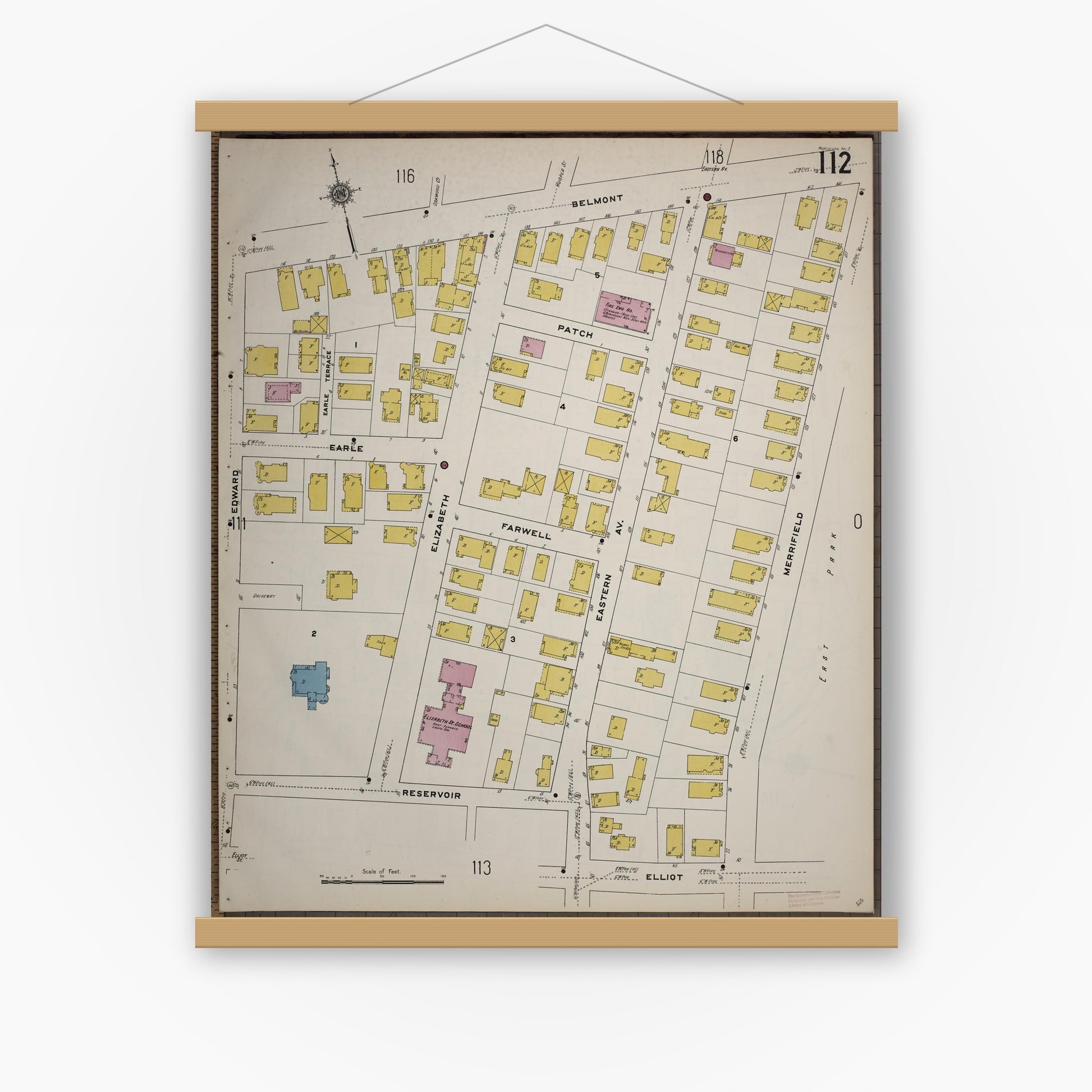 Old map wall art mockup — magnetic wood frame on white wall — Sanborn Fire Insurance Map from Worcester, Worcester County, Massachusetts (1910), Sheet #0112