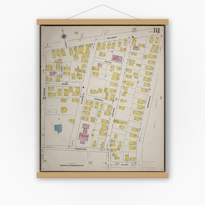 Old map wall art mockup — magnetic wood frame on white wall — Sanborn Fire Insurance Map from Worcester, Worcester County, Massachusetts (1910), Sheet #0112