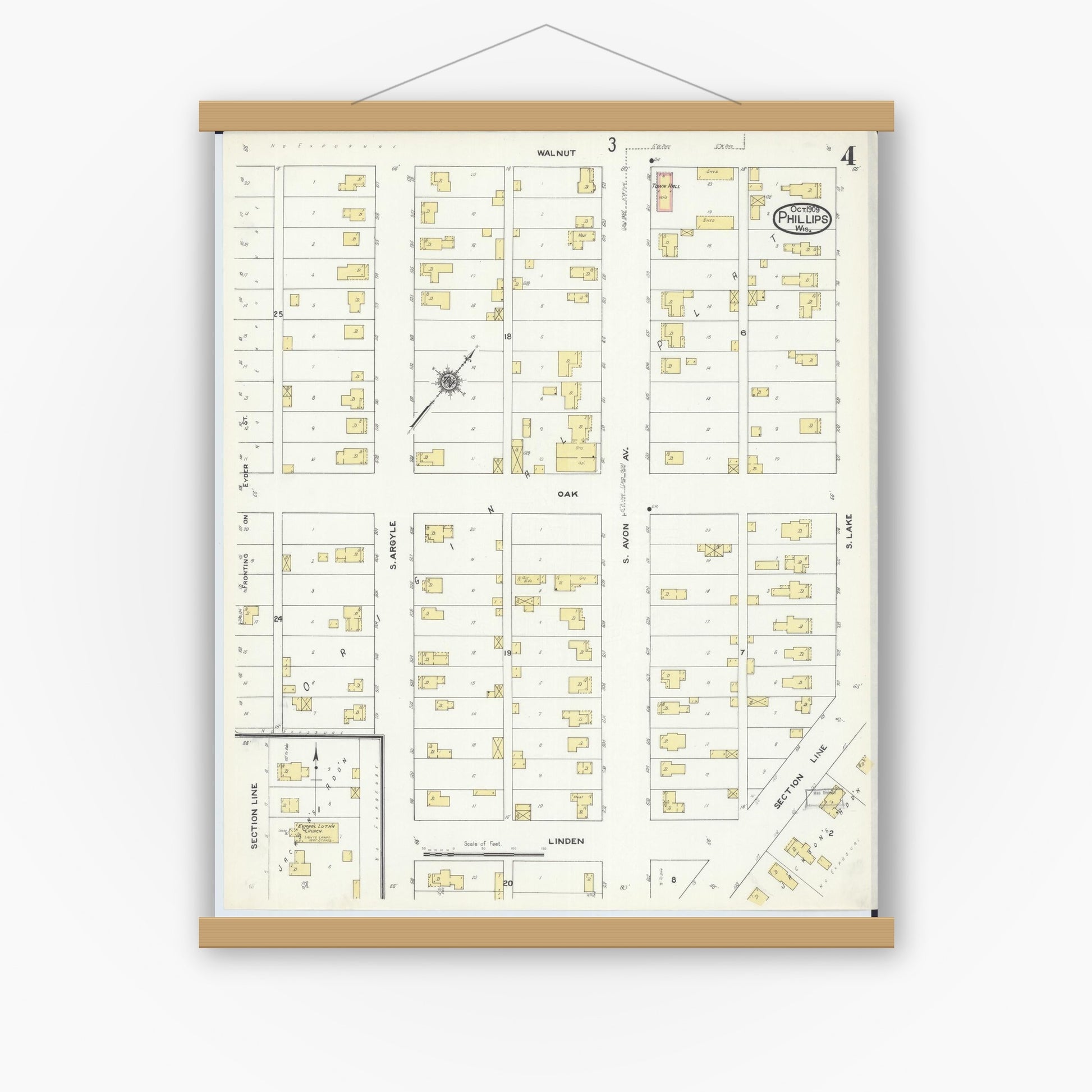 Old map wall art mockup — magnetic wood frame on white wall — Sanborn Fire Insurance Map from Phillips, Price County, Wisconsin (1909), Sheet #0004