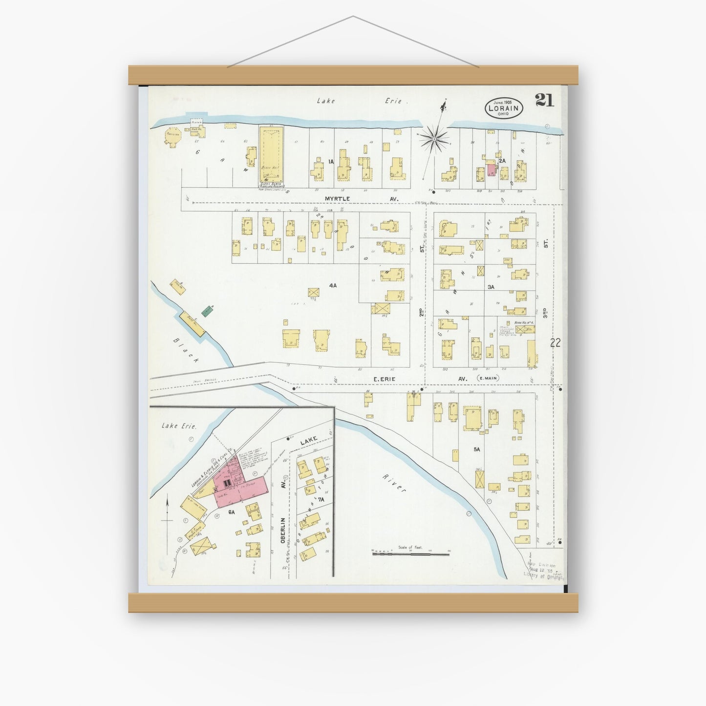Old map wall art mockup — magnetic wood frame on white wall — Sanborn Fire Insurance Map from Lorain, Lorain County, Ohio (1905), Sheet #0021