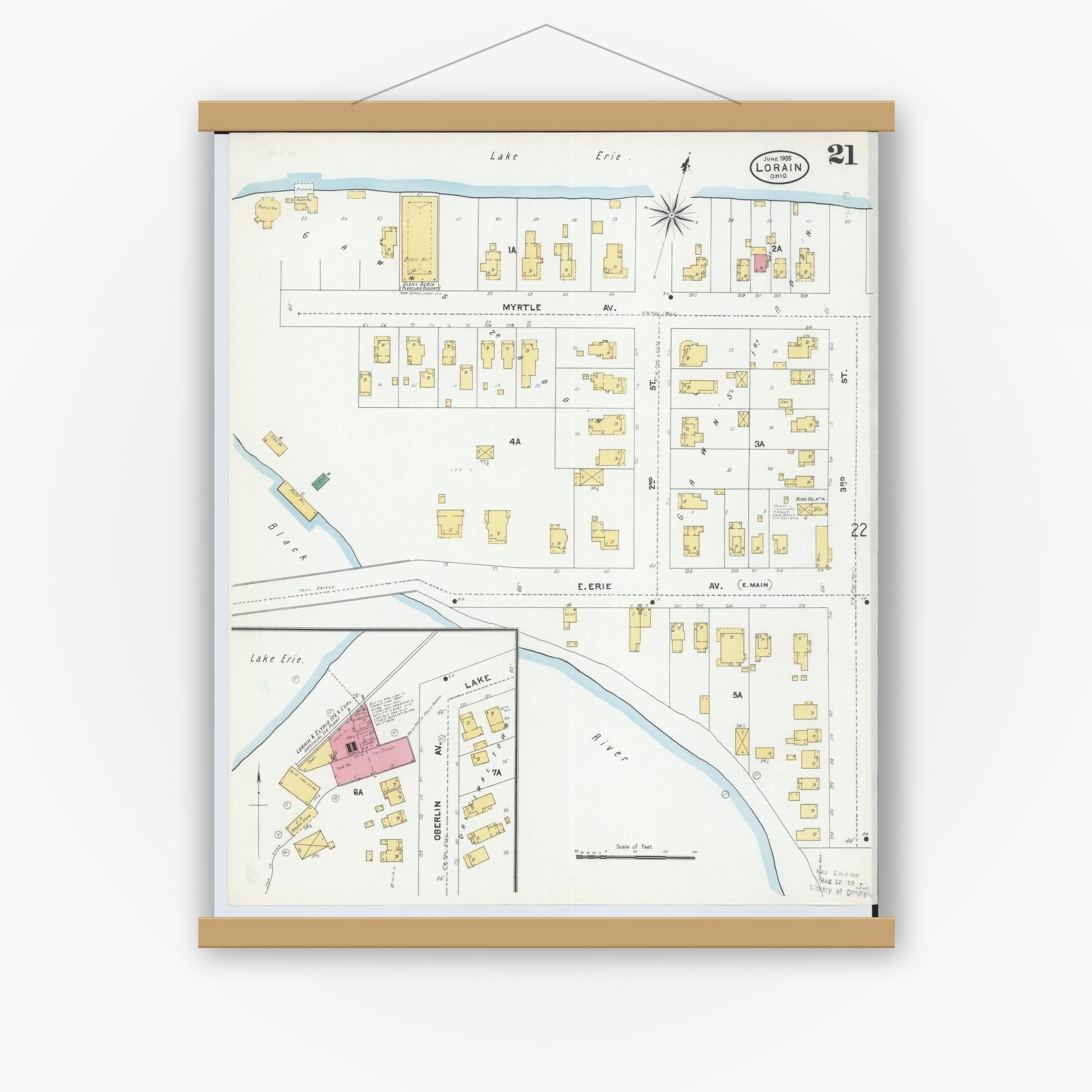 Old map wall art mockup — magnetic wood frame on white wall — Sanborn Fire Insurance Map from Lorain, Lorain County, Ohio (1905), Sheet #0021