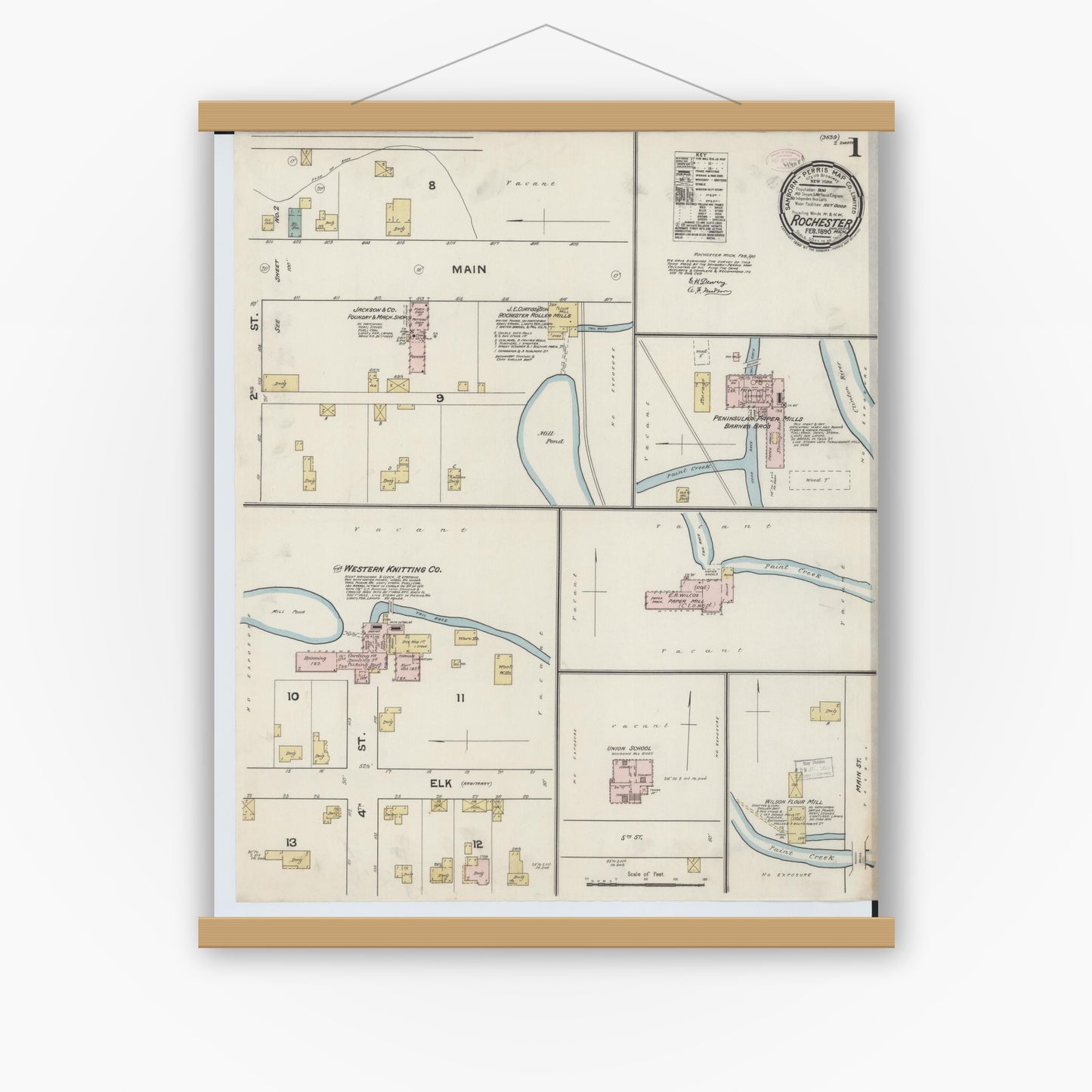 Old map wall art mockup — magnetic wood frame on white wall — Sanborn Fire Insurance Map from Rochester, Oakland County, Michigan (1890) - Complete Map Set