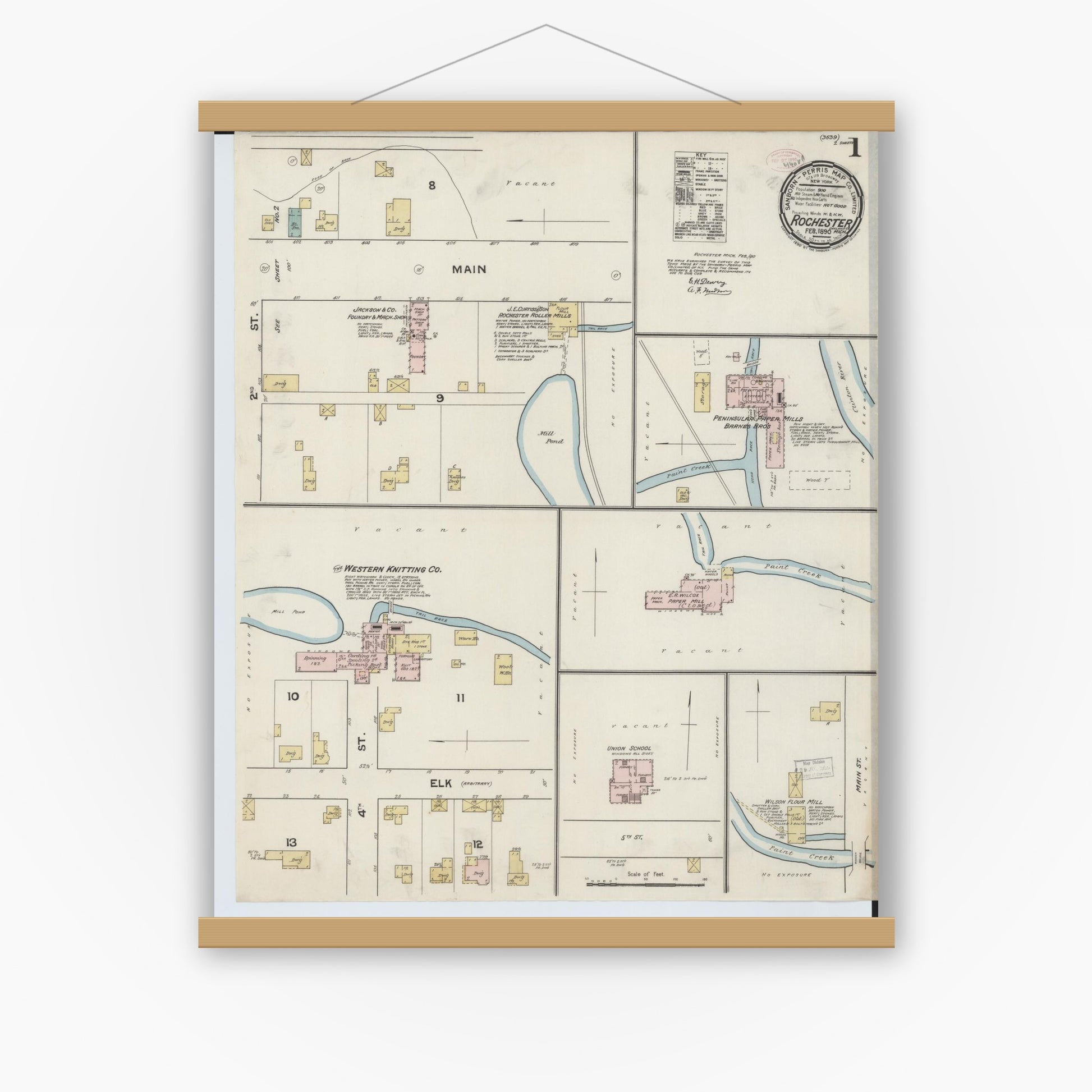 Old map wall art mockup — magnetic wood frame on white wall — Sanborn Fire Insurance Map from Rochester, Oakland County, Michigan (1890) - Complete Map Set