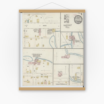 Old map wall art mockup — magnetic wood frame on white wall — Sanborn Fire Insurance Map from Rochester, Oakland County, Michigan (1890) - Complete Map Set