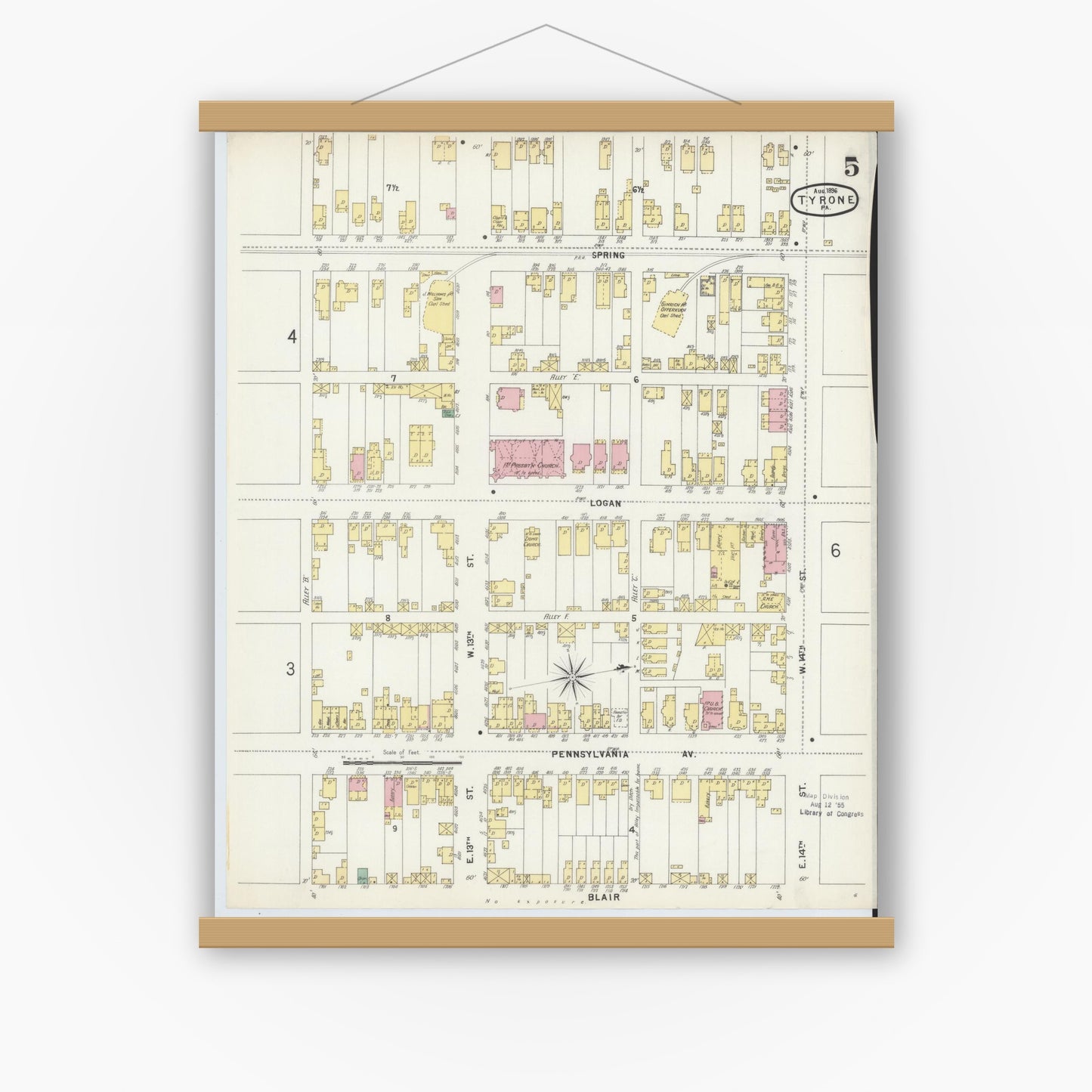 Old map wall art mockup — magnetic wood frame on white wall — Sanborn Fire Insurance Map from Tyrone, Blair County, Pennsylvania (1896), Sheet #0005