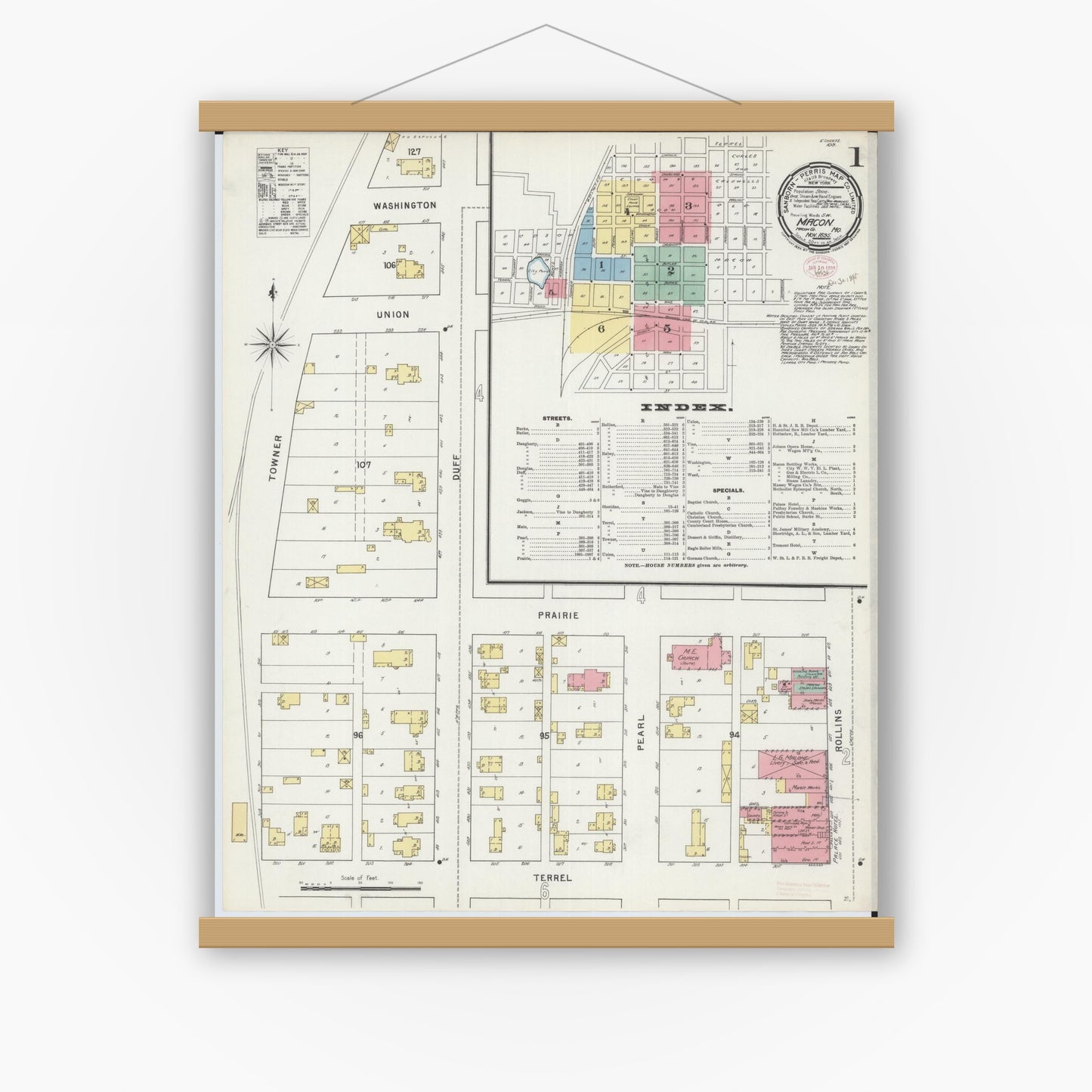 Old map wall art mockup — magnetic wood frame on white wall — Sanborn Fire Insurance Map from Macon, Macon County, Missouri (1895), Sheet #0001