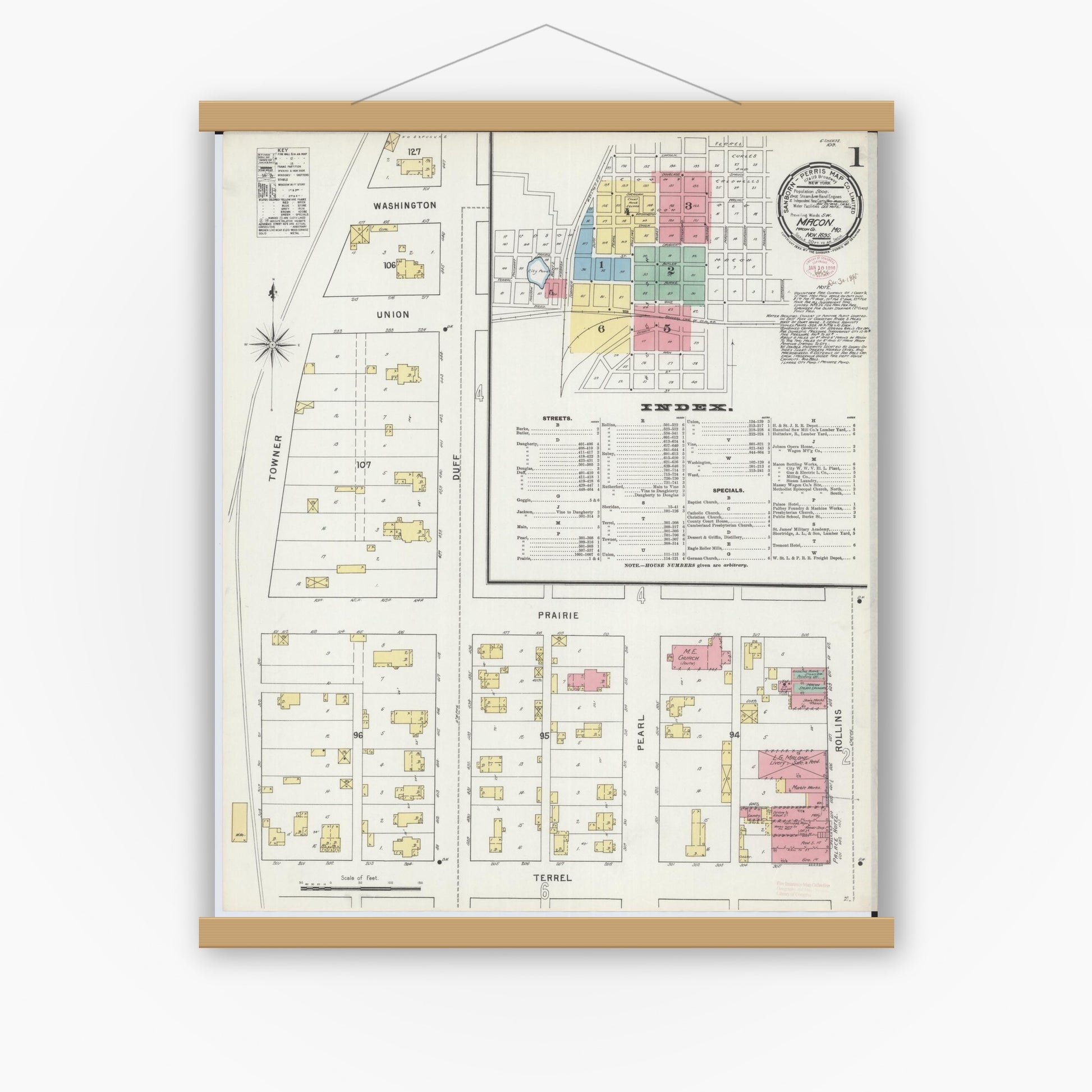 Old map wall art mockup — magnetic wood frame on white wall — Sanborn Fire Insurance Map from Macon, Macon County, Missouri (1895), Sheet #0001