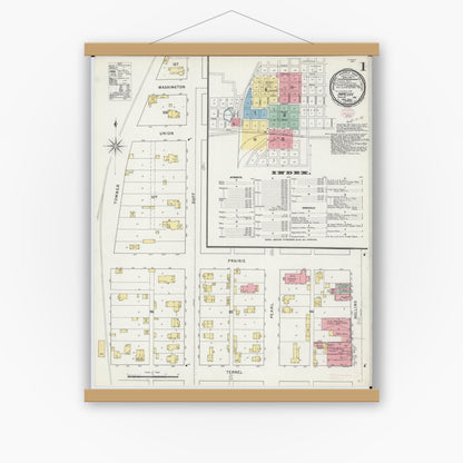 Old map wall art mockup — magnetic wood frame on white wall — Sanborn Fire Insurance Map from Macon, Macon County, Missouri (1895), Sheet #0001