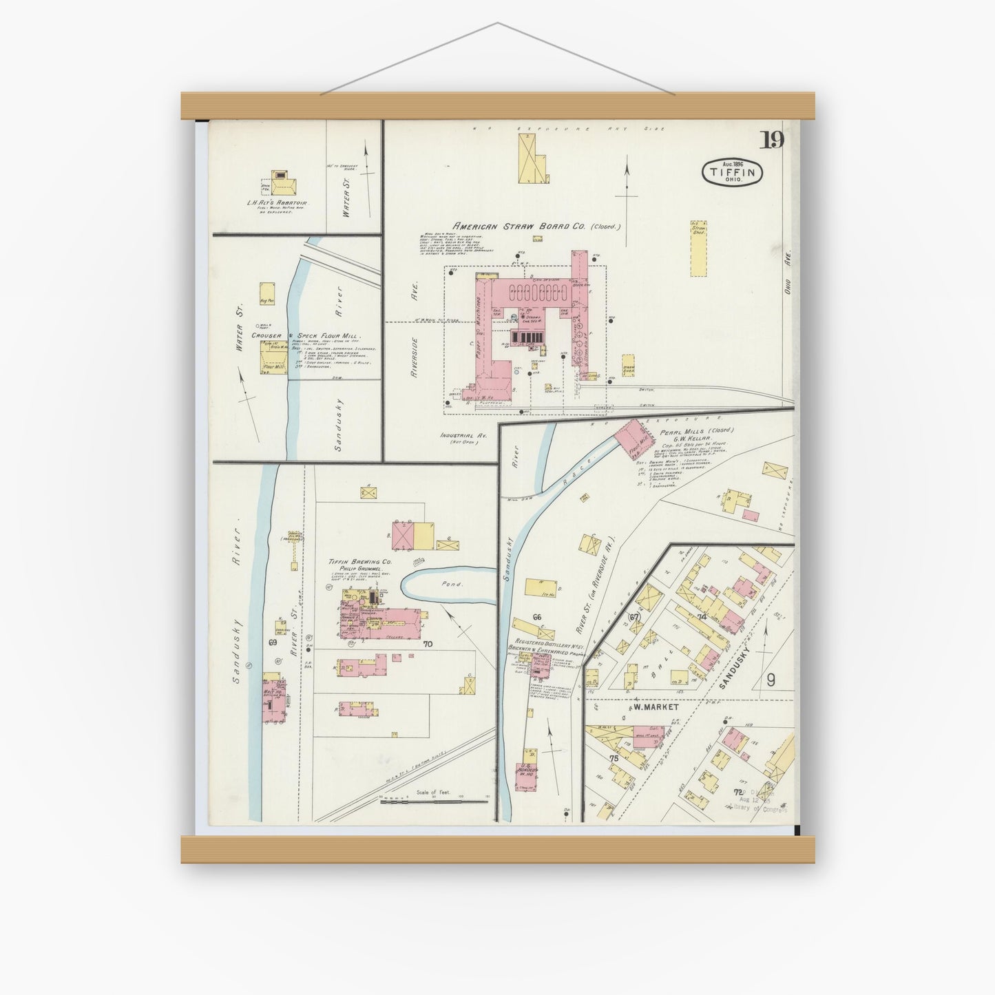 Old map wall art mockup — magnetic wood frame on white wall — Sanborn Fire Insurance Map from Tiffin, Seneca County, Ohio (1896), Sheet #0019