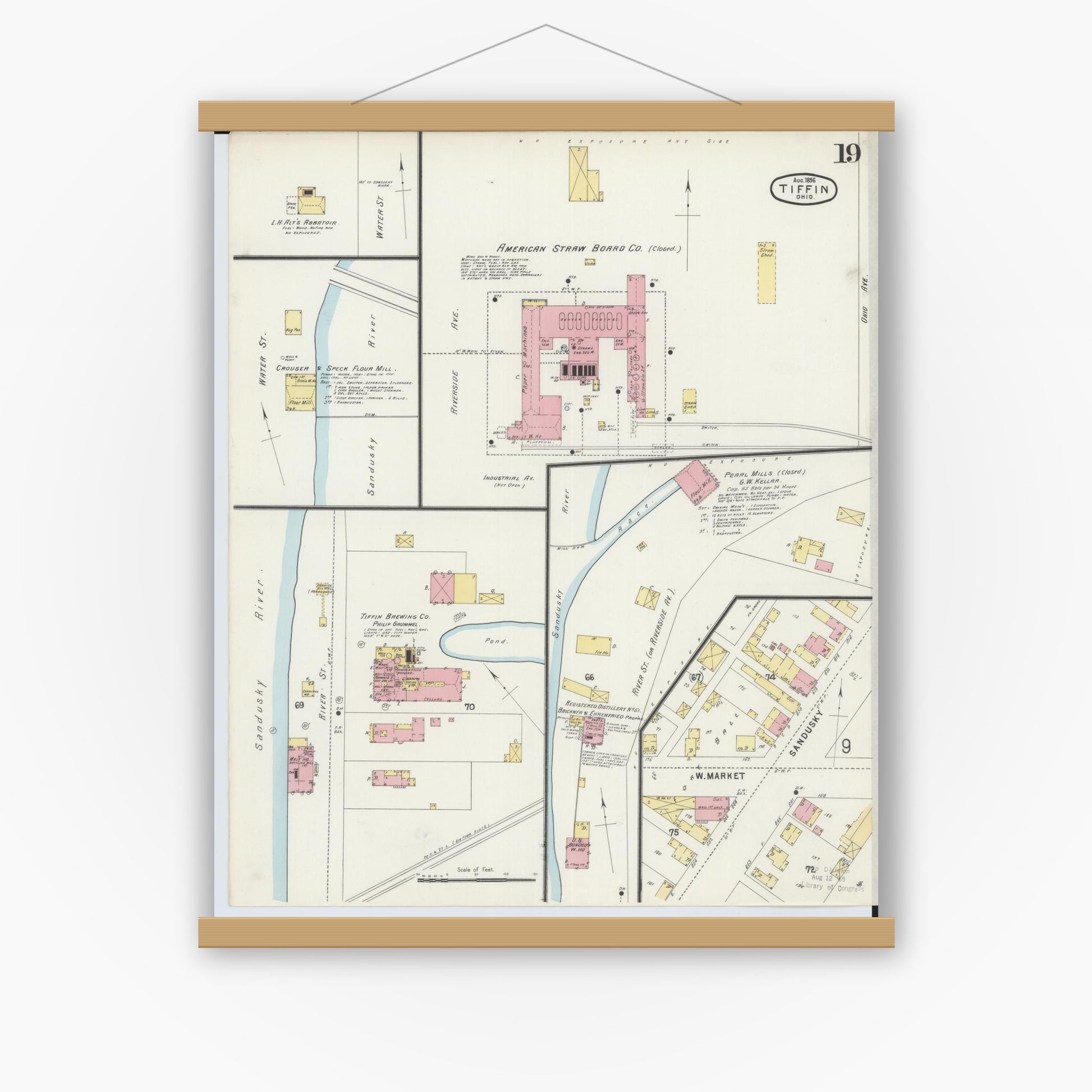 Old map wall art mockup — magnetic wood frame on white wall — Sanborn Fire Insurance Map from Tiffin, Seneca County, Ohio (1896), Sheet #0019