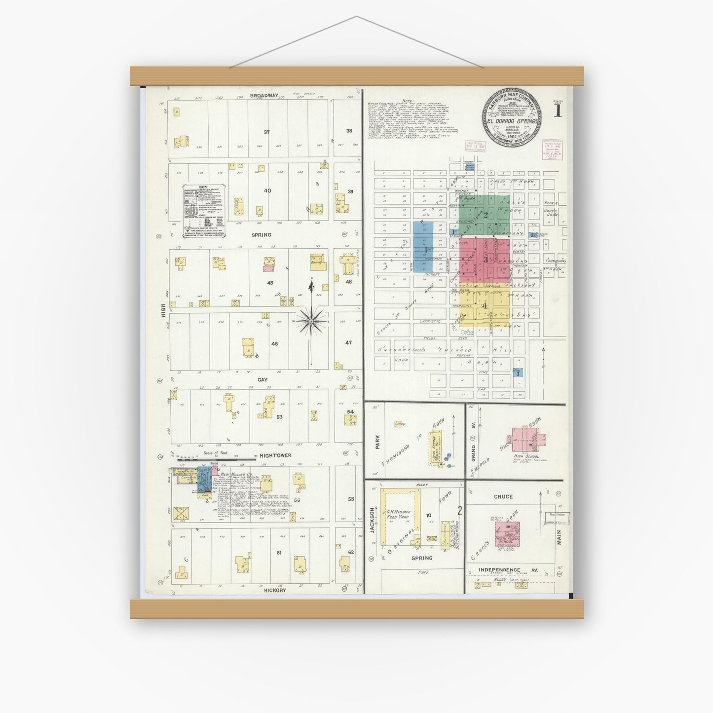 Old map wall art mockup — magnetic wood frame on white wall — Sanborn Fire Insurance Map from Eldorado Springs, Cedar County, Missouri (1906) - Complete Map Set