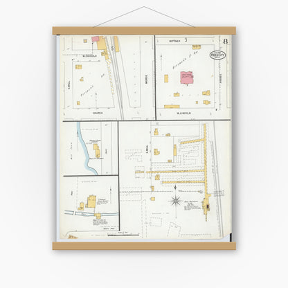Old map wall art mockup — magnetic wood frame on white wall — Sanborn Fire Insurance Map from Reed City, Osceola County, Michigan (1900), Sheet #0008