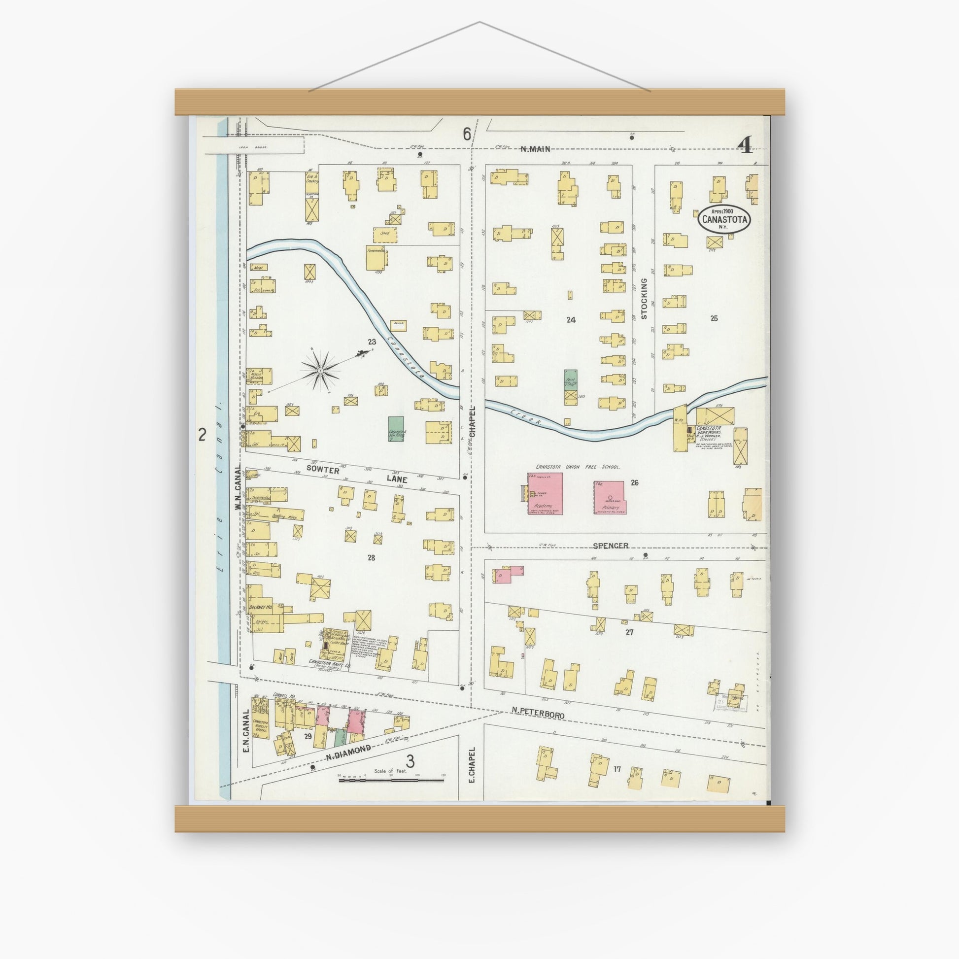 Old map wall art mockup — magnetic wood frame on white wall — Sanborn Fire Insurance Map from Canastota, Madison County, New York (1900), Sheet #0004