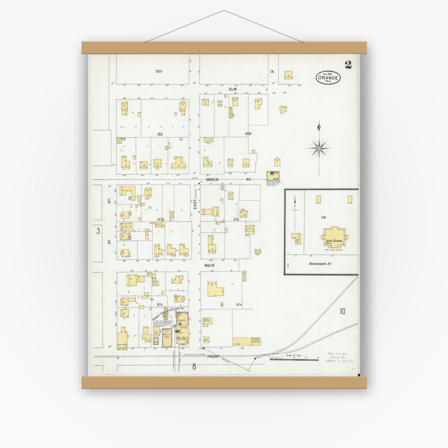 Old map wall art mockup — magnetic wood frame on white wall — Sanborn Fire Insurance Map from Orange, Orange County, Texas (1901), Sheet #0002