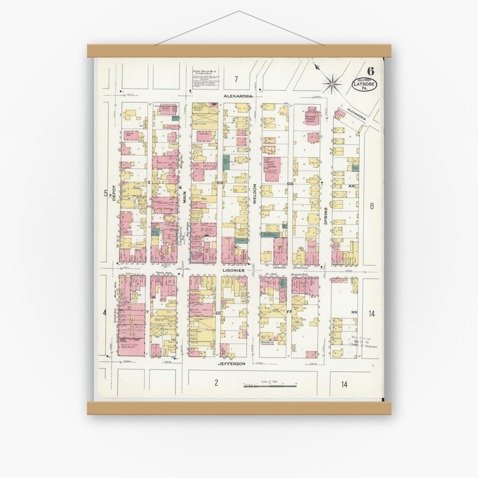 Old map wall art mockup — magnetic wood frame on white wall — Sanborn Fire Insurance Map from Latrobe, Westmoreland County, Pennsylvania (1909), Sheet #0006