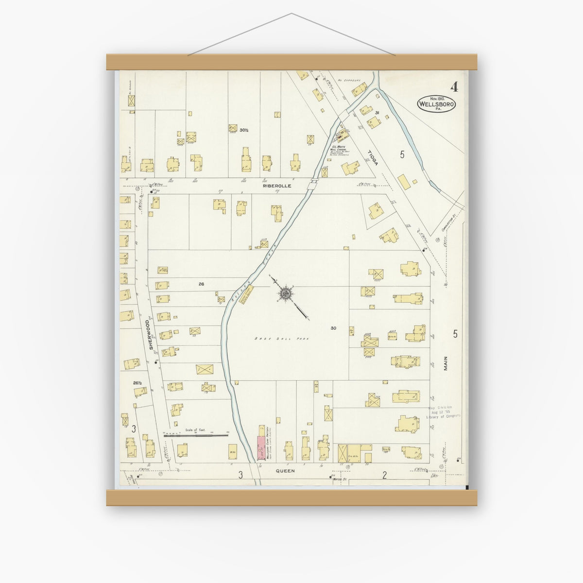 Old map wall art mockup — magnetic wood frame on white wall — Sanborn Fire Insurance Map from Wellsboro, Tioga County, Pennsylvania (1910), Sheet #0004