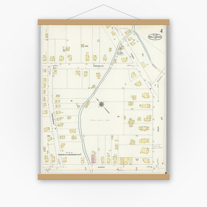 Old map wall art mockup — magnetic wood frame on white wall — Sanborn Fire Insurance Map from Wellsboro, Tioga County, Pennsylvania (1910), Sheet #0004