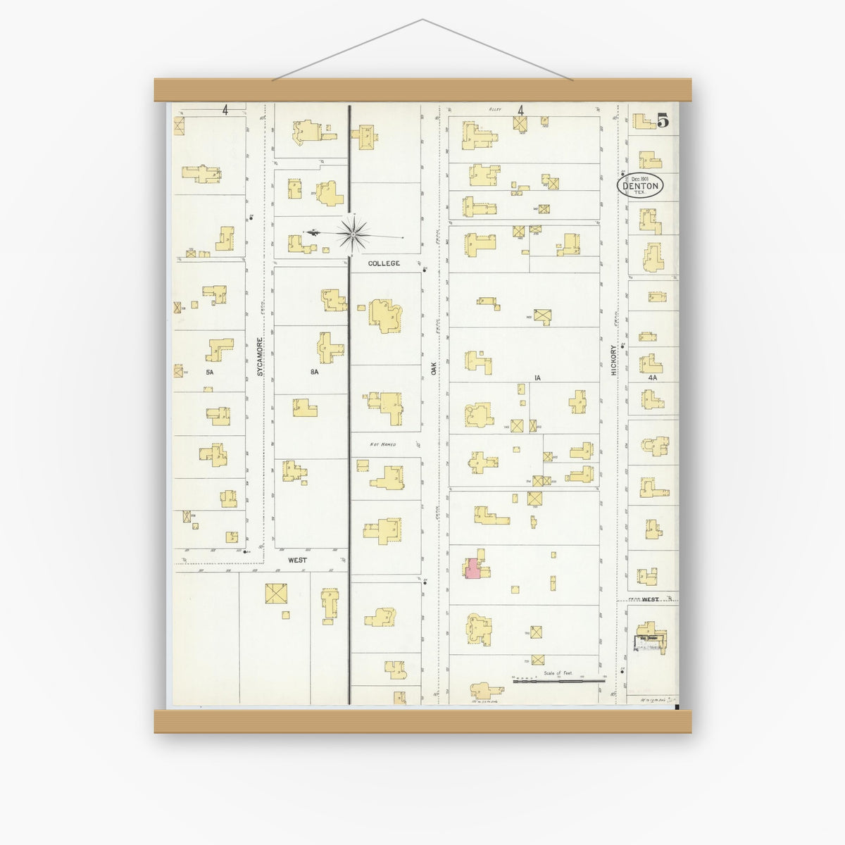Old map wall art mockup — magnetic wood frame on white wall — Sanborn Fire Insurance Map from Denton, Denton County, Texas (1901), Sheet #0005