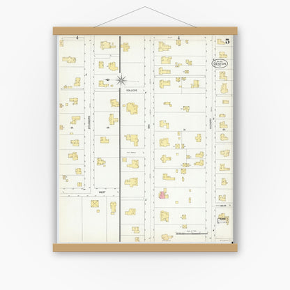 Old map wall art mockup — magnetic wood frame on white wall — Sanborn Fire Insurance Map from Denton, Denton County, Texas (1901), Sheet #0005