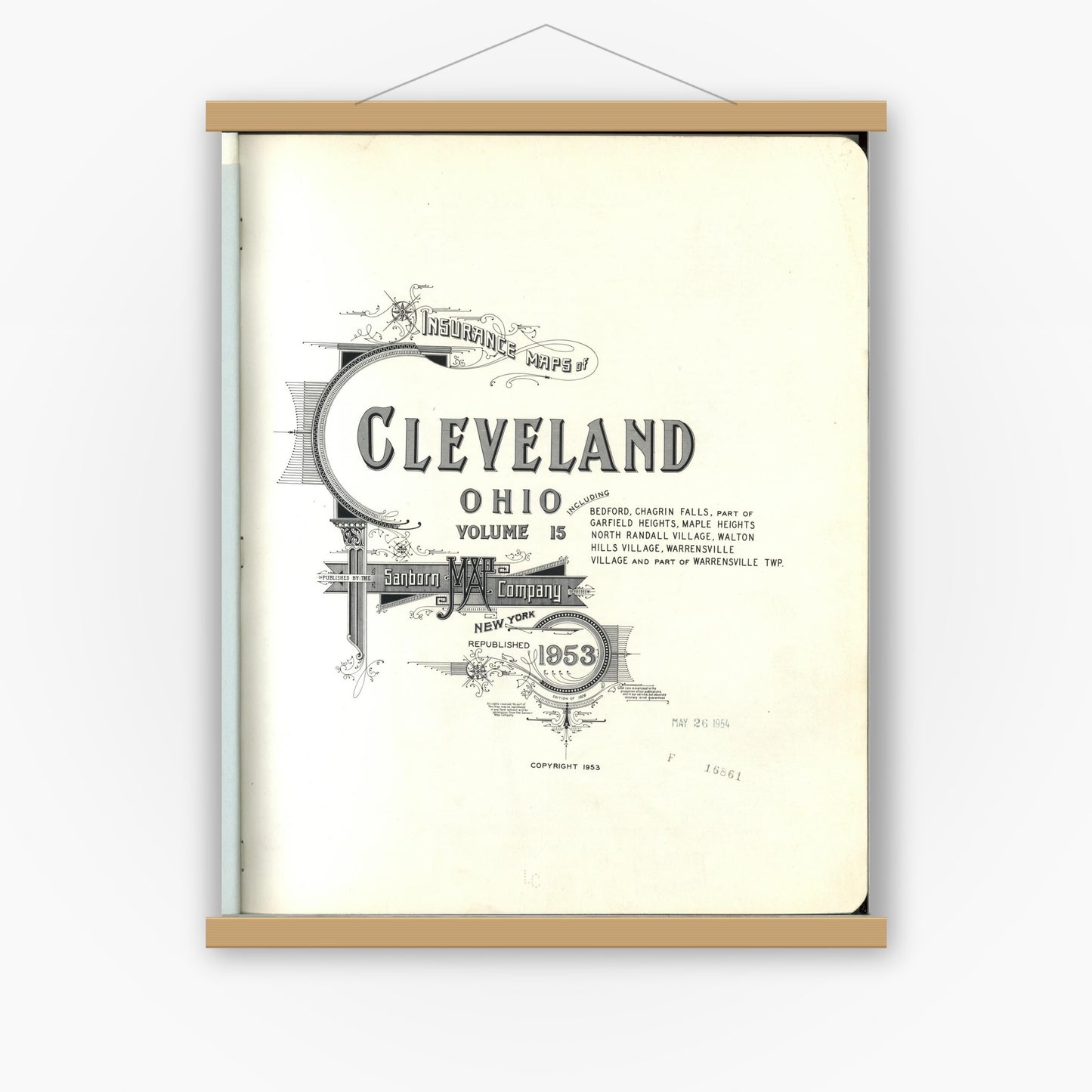 Old map wall art mockup — magnetic wood frame on white wall — Sanborn Fire Insurance Map from Cleveland, Cuyahoga County, Ohio (1953), Sheet #0001