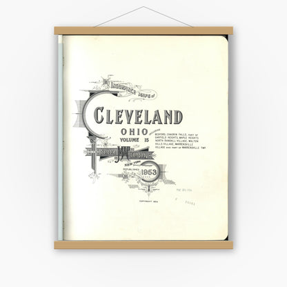 Old map wall art mockup — magnetic wood frame on white wall — Sanborn Fire Insurance Map from Cleveland, Cuyahoga County, Ohio (1953), Sheet #0001