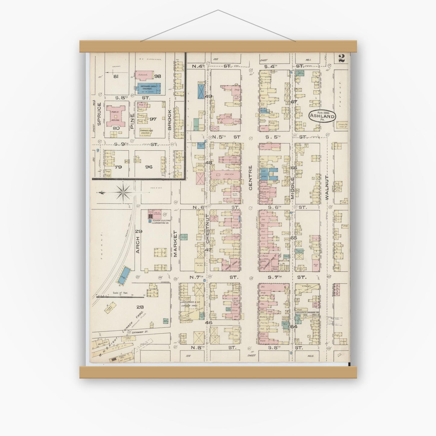 Old map wall art mockup — magnetic wood frame on white wall — Sanborn Fire Insurance Map from Ashland, Schuylkill County, Pennsylvania (1885), Sheet #0002