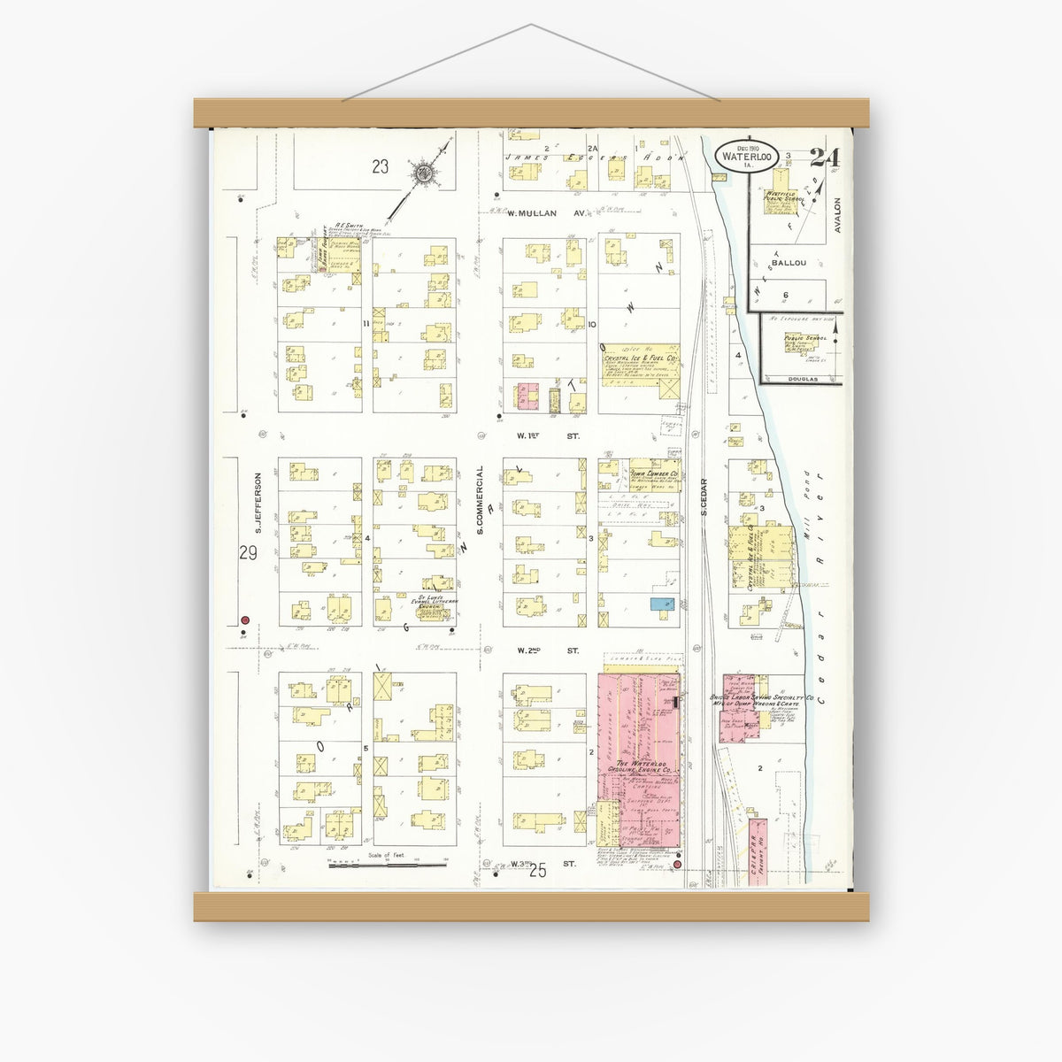 Old map wall art mockup — magnetic wood frame on white wall — Sanborn Fire Insurance Map from Waterloo, Black Hawk County, Iowa (1910), Sheet #0024