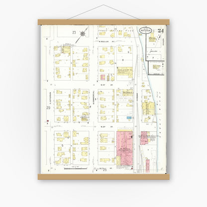 Old map wall art mockup — magnetic wood frame on white wall — Sanborn Fire Insurance Map from Waterloo, Black Hawk County, Iowa (1910), Sheet #0024
