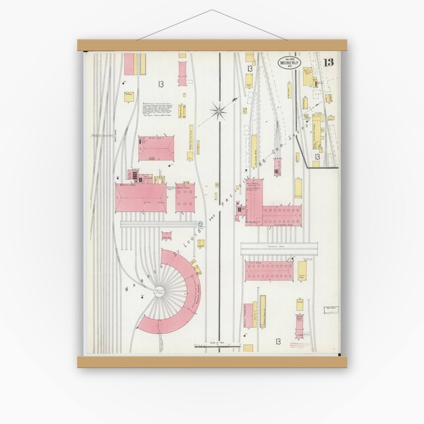 Old map wall art mockup — magnetic wood frame on white wall — Sanborn Fire Insurance Map from Moberly, Randolph County, Missouri (1899), Sheet #0013