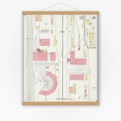 Old map wall art mockup — magnetic wood frame on white wall — Sanborn Fire Insurance Map from Moberly, Randolph County, Missouri (1899), Sheet #0013