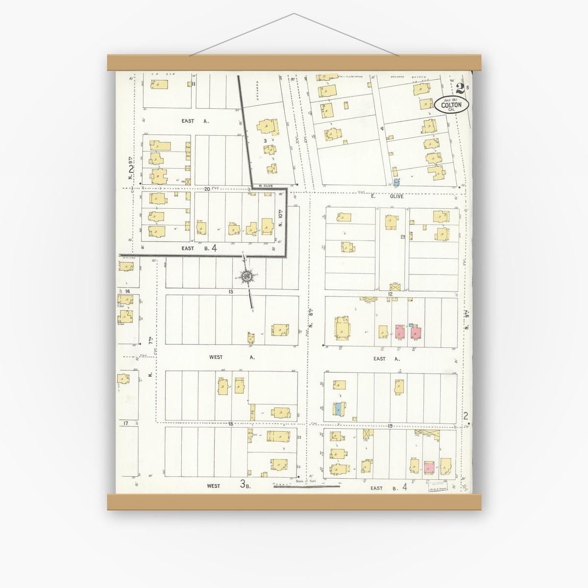 Old map wall art mockup — magnetic wood frame on white wall — Sanborn Fire Insurance Map from Colton, San Bernardino County, California (1911), Sheet #0002