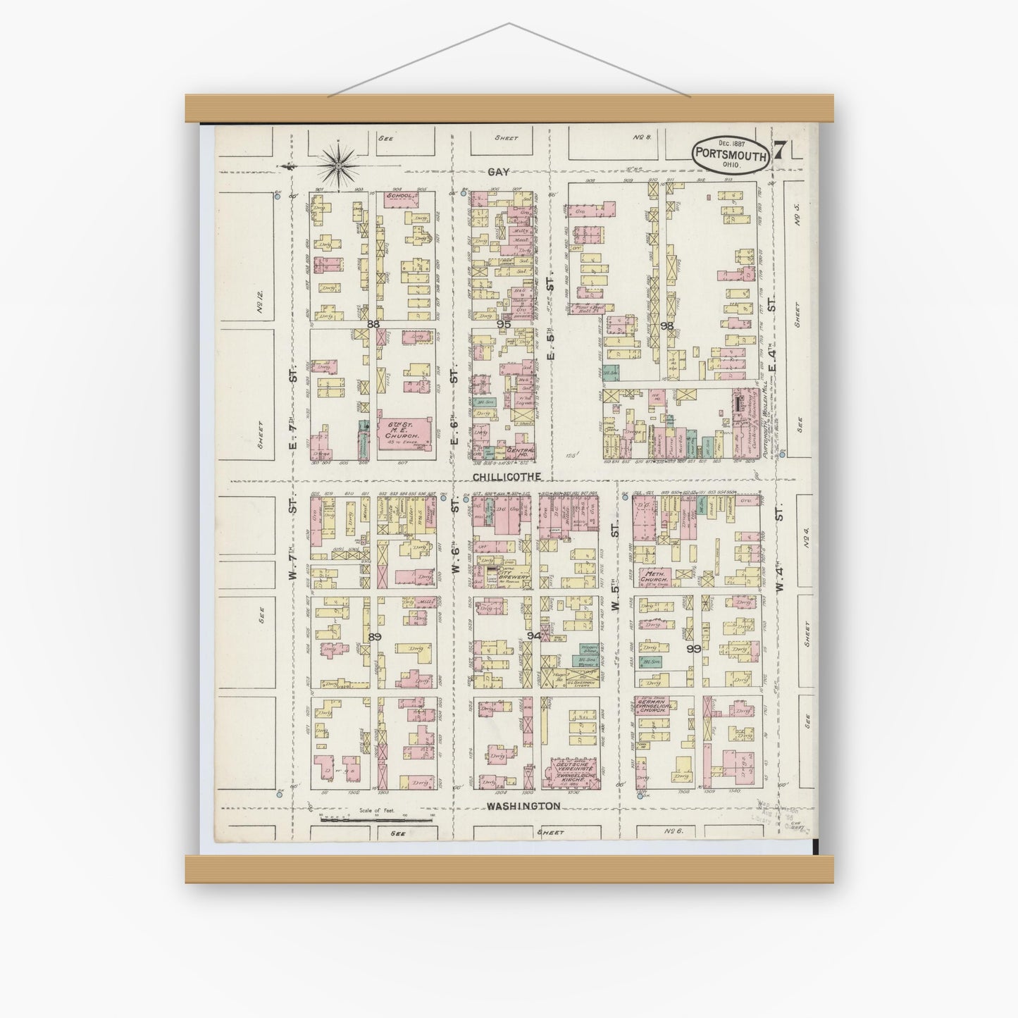 Old map wall art mockup — magnetic wood frame on white wall — Sanborn Fire Insurance Map from Portsmouth, Scioto County, Ohio (1887), Sheet #0007