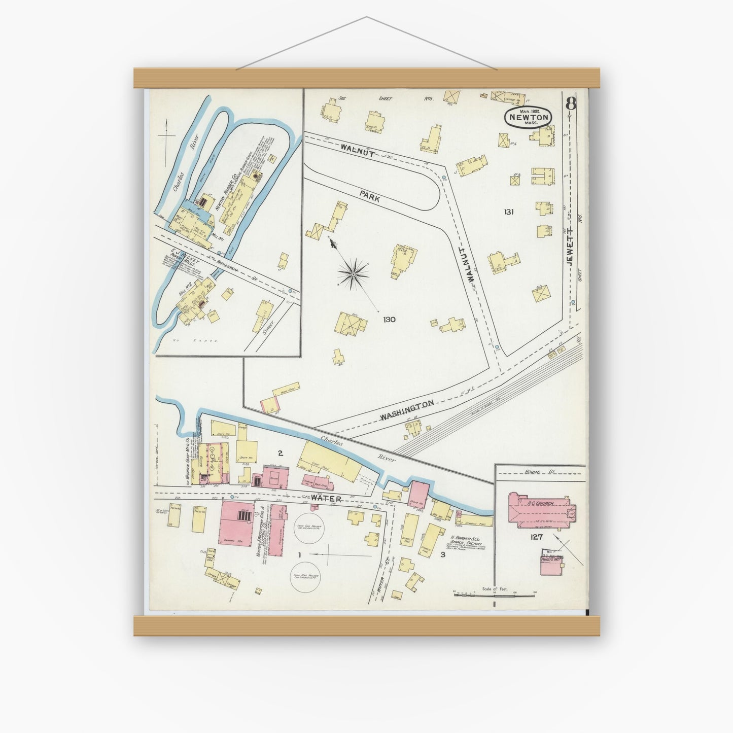 Old map wall art mockup — magnetic wood frame on white wall — Sanborn Fire Insurance Map from Newton, Middlesex County, Massachusetts (1892), Sheet #0008