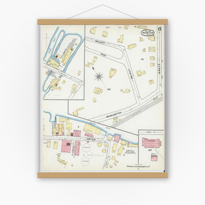 Old map wall art mockup — magnetic wood frame on white wall — Sanborn Fire Insurance Map from Newton, Middlesex County, Massachusetts (1892), Sheet #0008