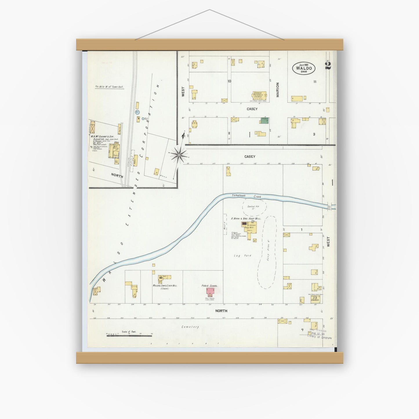 Old map wall art mockup — magnetic wood frame on white wall — Sanborn Fire Insurance Map from Waldo, Marion County, Ohio (1901), Sheet #0002