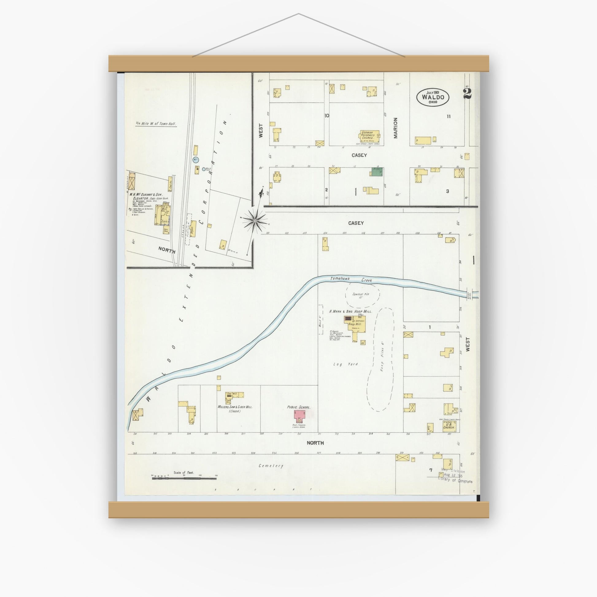 Old map wall art mockup — magnetic wood frame on white wall — Sanborn Fire Insurance Map from Waldo, Marion County, Ohio (1901), Sheet #0002
