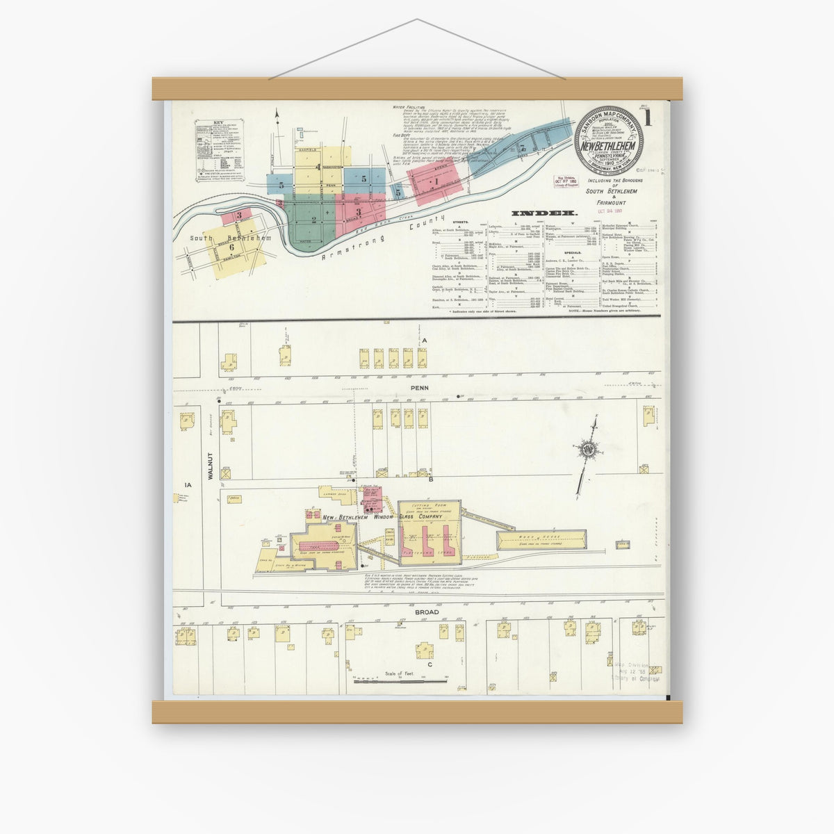 Old map wall art mockup — magnetic wood frame on white wall — Sanborn Fire Insurance Map from New Bethlehem, Clarion County, Pennsylvania (1910) - Complete Map Set