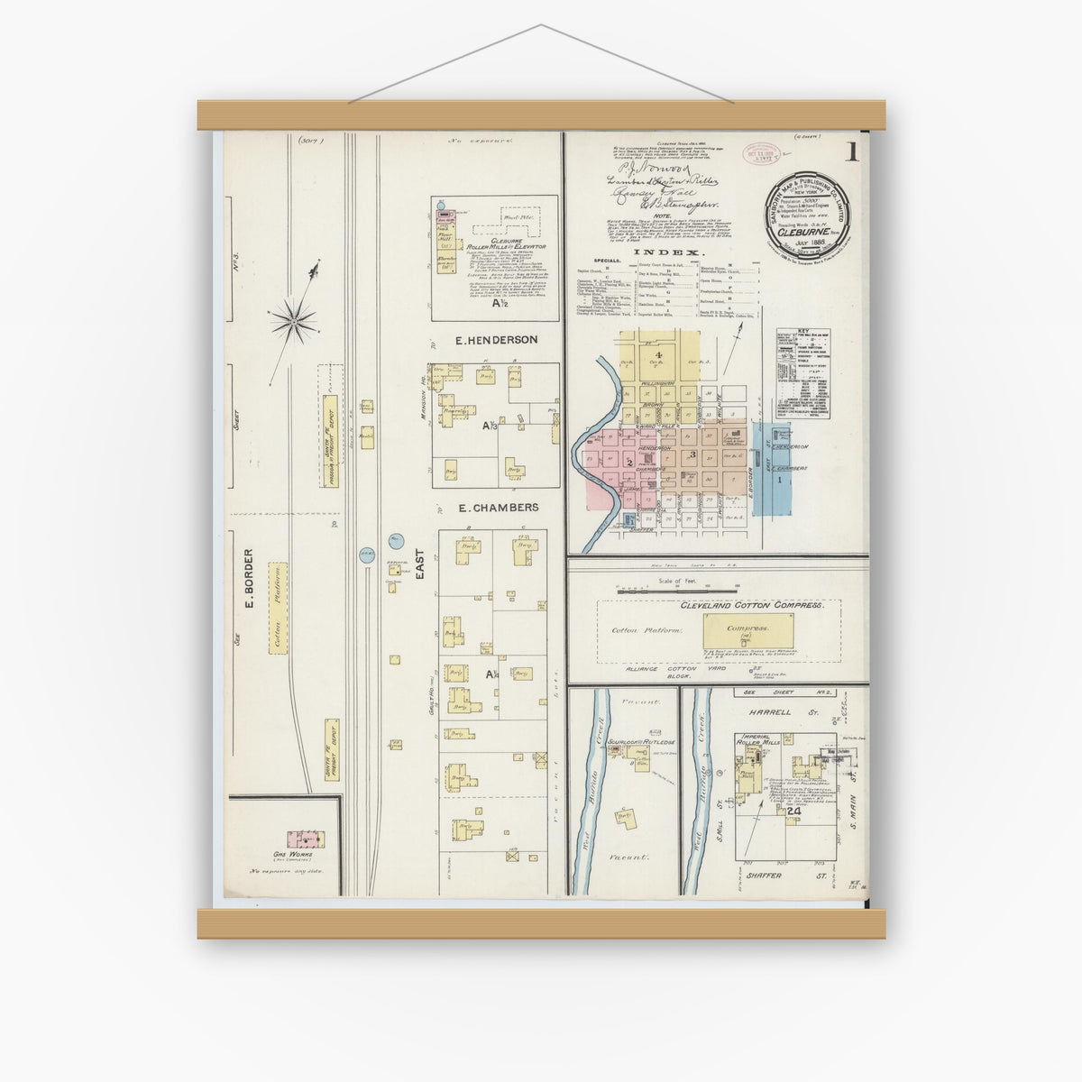 Old map wall art mockup — magnetic wood frame on white wall — Sanborn Fire Insurance Map from Cleburne, Johnson County, Texas (1888) - Complete Map Set
