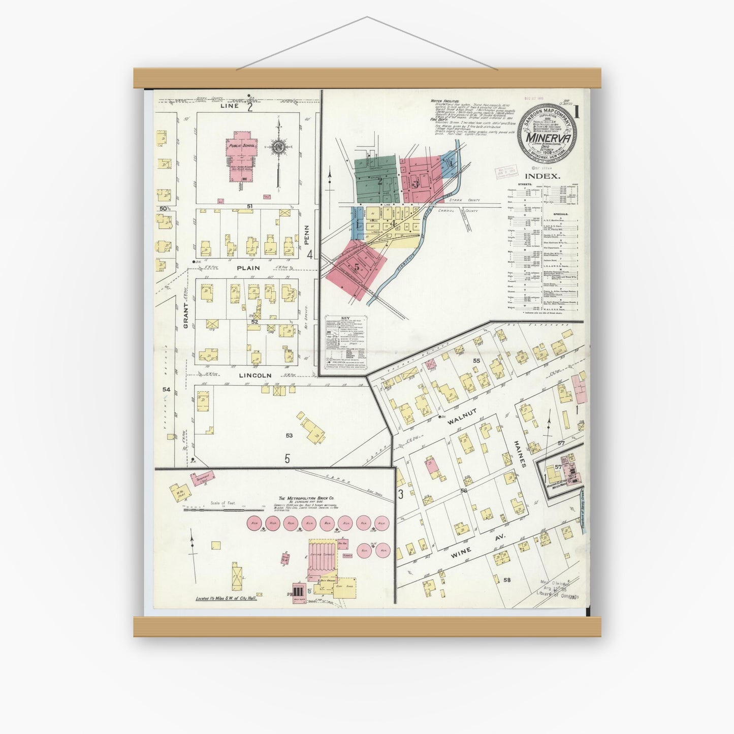 Old map wall art mockup — magnetic wood frame on white wall — Sanborn Fire Insurance Map from Minerva, Stark And Carroll Counties, Ohio (1909), Sheet #0001